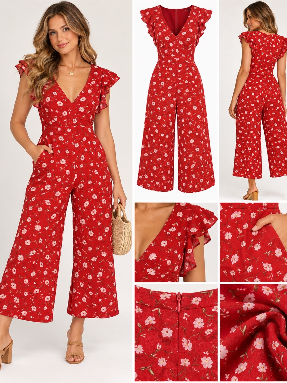 Lulus Red Floral Ruffle Wide Leg Jumpsuit Size Small